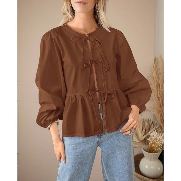 Women's Cotton Lyocell Peplum Blouse Long Sleeve Bow Tie Fall Top - Picture 7 of 7